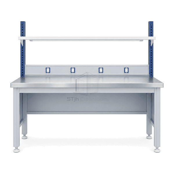 Front view of cleanroom workstation with shelf and task light