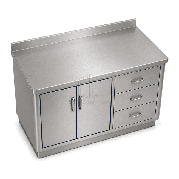 Top perspective of cabinet workbench with smooth stainless surface