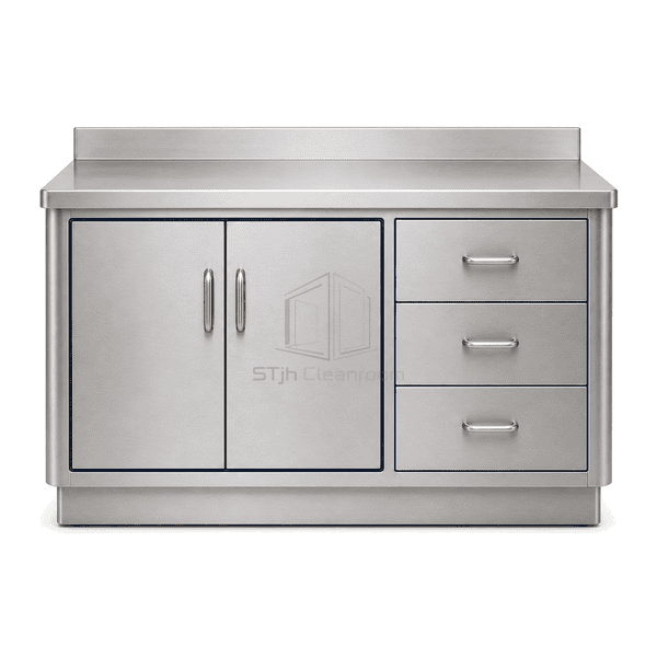 Front view of flush cabinet doors beneath cleanroom worktop