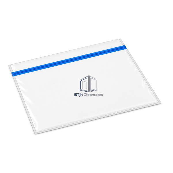 Cleanroom zip bag laid flat with complete rectangular proportions