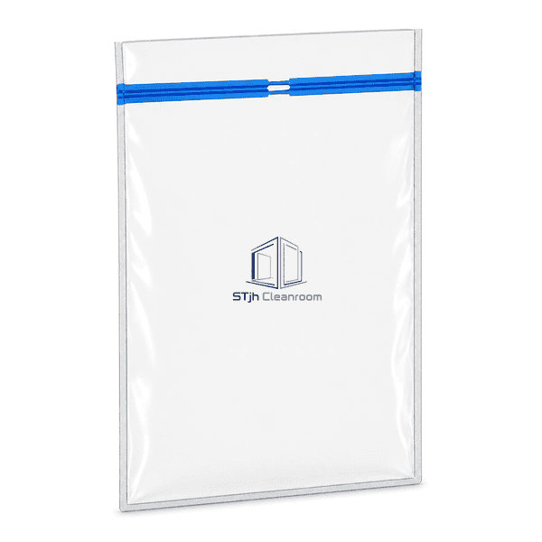 Complete cleanroom pouch emphasizing the blue press-to-close zipper profile