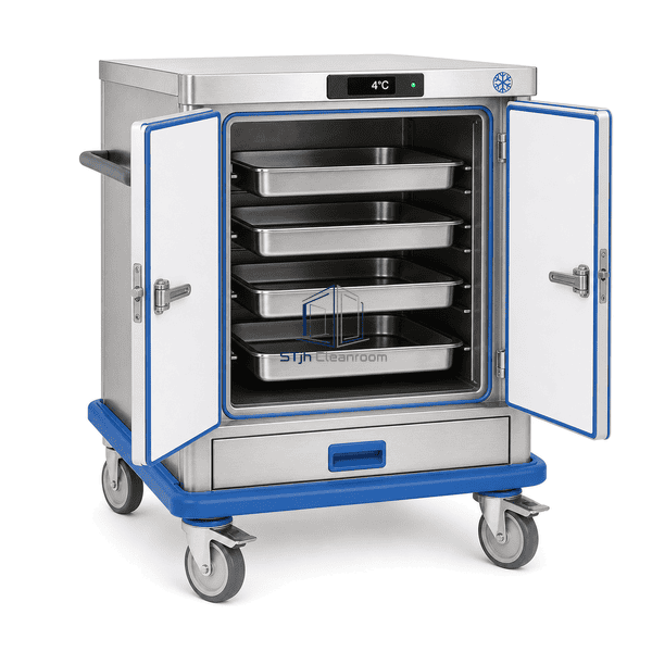 Open cold chain cart showing PCM packs insulated seals and removable trays