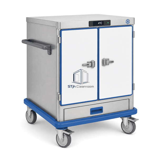 Cold chain transfer cart side profile showing insulated depth and push handle