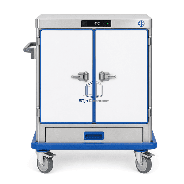 Insulated pharmaceutical cold chain cart viewed straight from the front