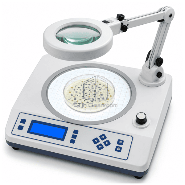 Top oblique view of complete colony counter and illuminated culture plate