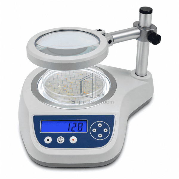 Colony counter magnifier and counting control detail with full instrument visible