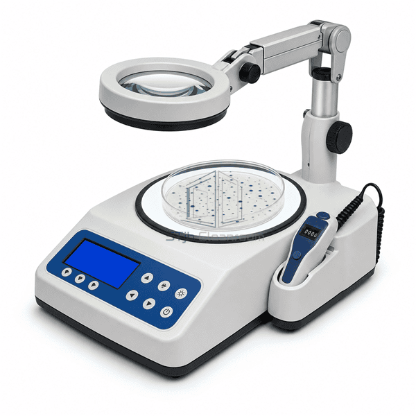 Three-quarter side view of colony counter with adjustable magnifier and tally probe