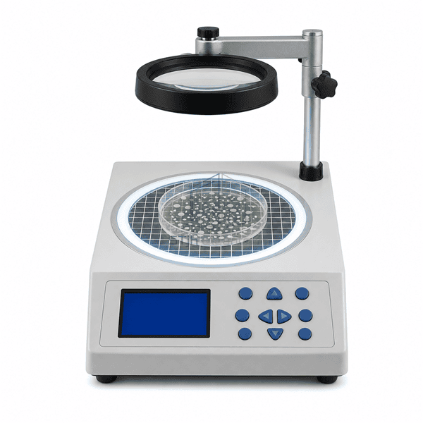 Front view of colony counter showing gridded stage blue display and lens