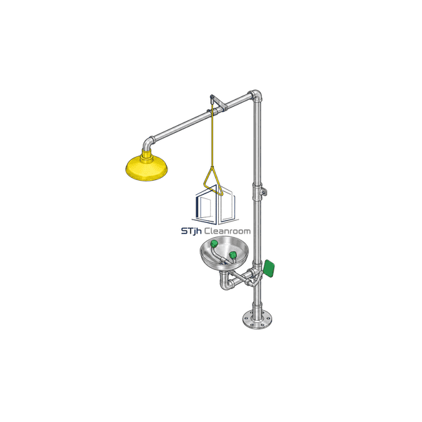 Complete horizontal presentation of the eyewash receptor and shower head assemblies