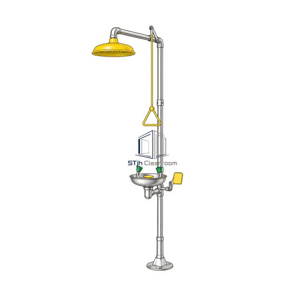Full-height front view of the combination station showing eyewash and overhead shower