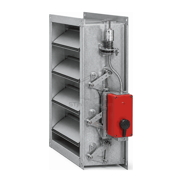 Side view showing spring-return actuator thermal release and blade linkage