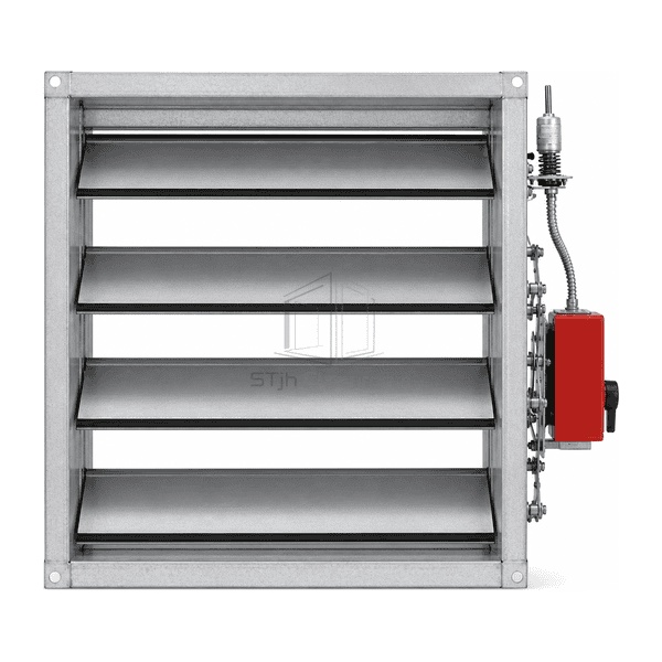 Front view of sealed multiblades in a fire smoke damper sleeve
