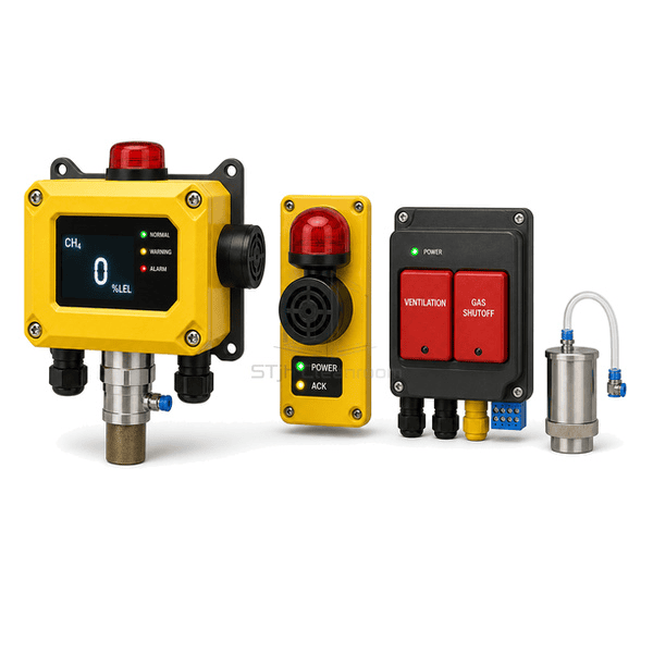 Horizontal arrangement of combustible gas transmitter, remote beacon and shutdown relay