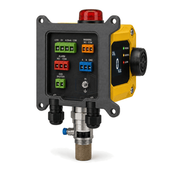 Lower rear three-quarter view of the entire combustible detector with sintered sensing head, calibration port and dual sealed conduit entries clearly exposed