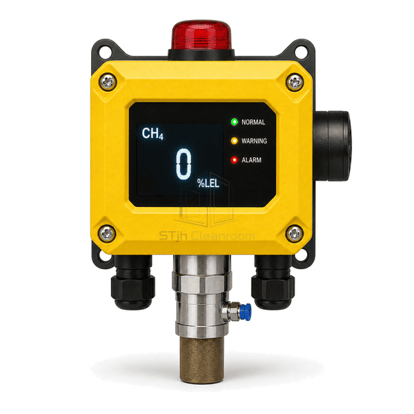 Front view of fixed combustible gas detector showing percent-LEL reading