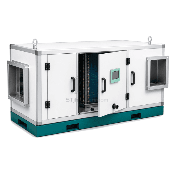 Close view of compact AHU removable panel and condensate drain