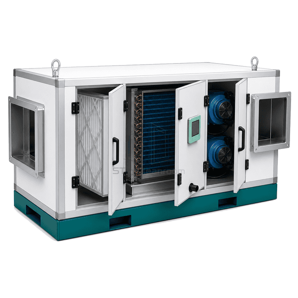 Open compact air handler showing filter coil and direct-drive fan
