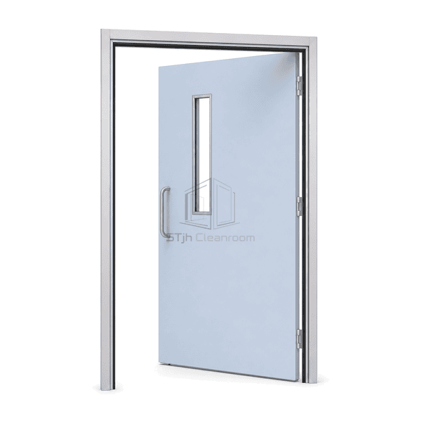 Open compact laminate cleanroom door with sealed perimeter edges