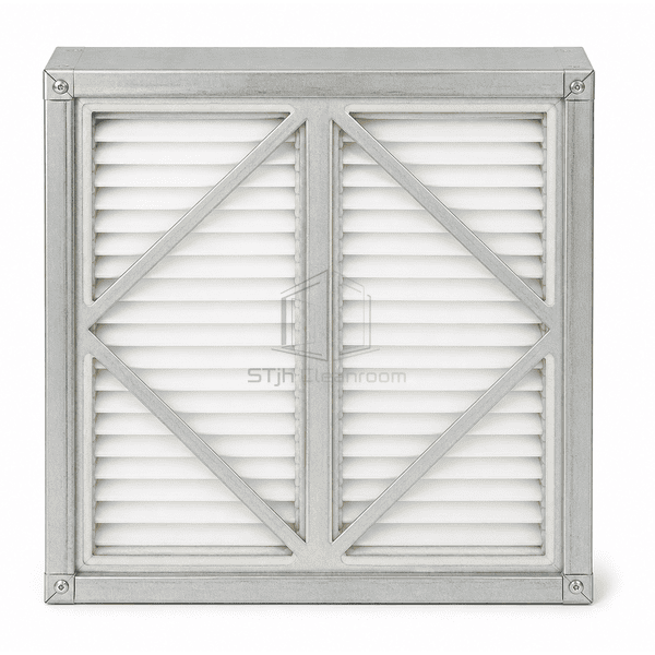 Straight downstream view of the compact filter with galvanized diagonal braces sealed dual packs and corner screws