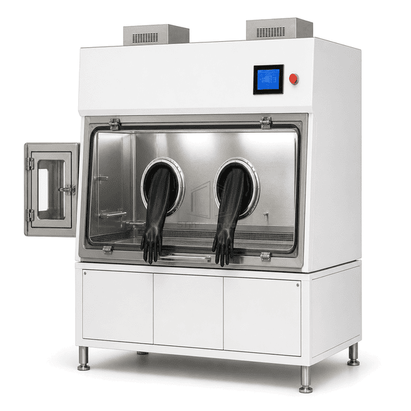 Compounding isolator side view showing cabinet depth and twin roof exhaust modules