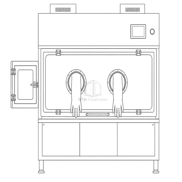 Compounding isolator upright front view showing two glove ports and main sash
