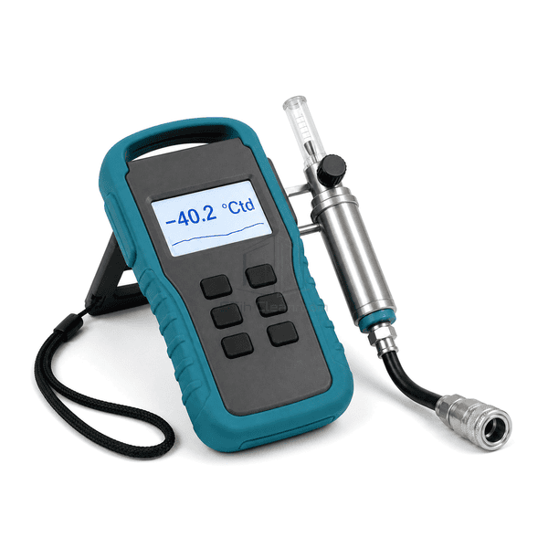Compressed air dew point meter horizontal complete-kit view with the full meter, stainless flow chamber, black pressure hose and quick coupler
