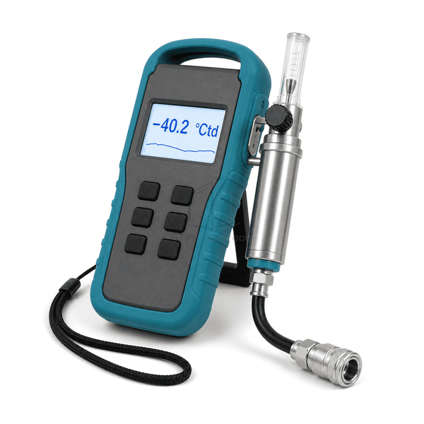 Compressed air dew point meter sensor-sampling-interface view showing the stainless chamber, flow indicator, needle control and high-pressure quick connection