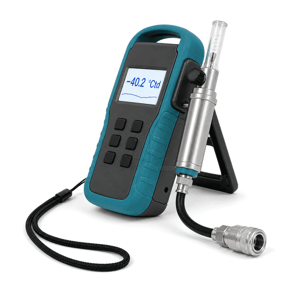 Compressed air dew point meter side view showing the graphite and teal housing, fold-out stand, chamber depth and wrist strap