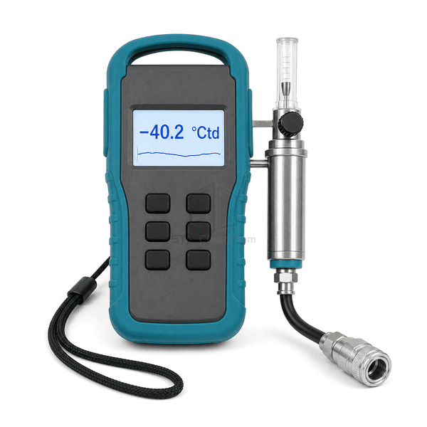 Compressed air dew point meter front view showing the large LCD, six-button keypad, flow indicator, adjustment knob and sampling chamber