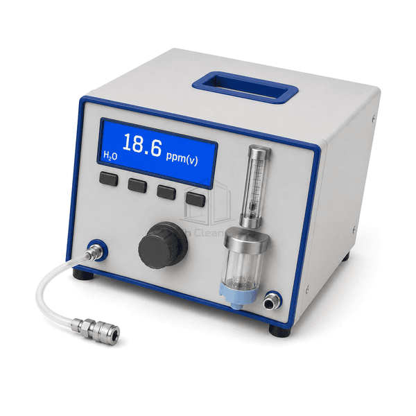 Compressed air moisture analyzer horizontal complete-unit view with the full enclosure, short PTFE sample tube and stainless quick coupler