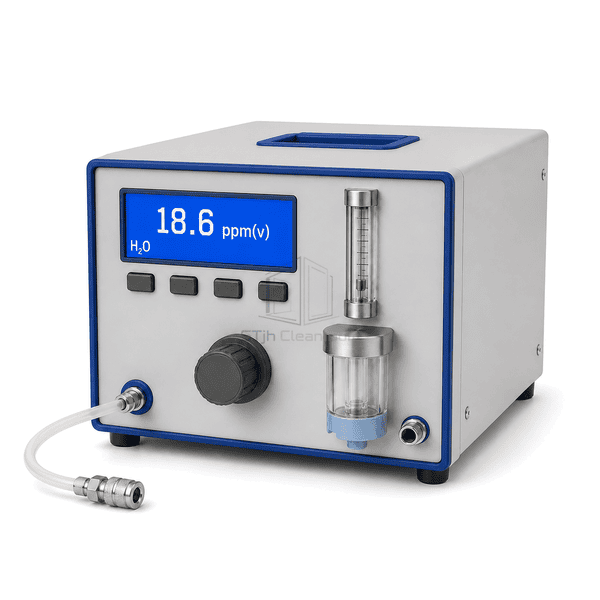 Compressed air moisture analyzer sample-conditioning interface view showing the two directional ports, transparent bowl, vertical flowmeter and pressure regulator