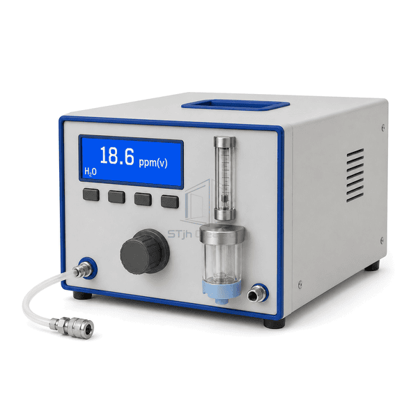 Compressed air moisture analyzer right-side view showing the light-gray enclosure depth, blue recessed handle, ventilation slots and twin sample connections