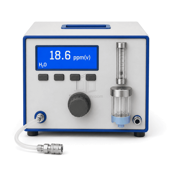 Compressed air moisture analyzer front-control view showing one display, four buttons, one regulator knob, one flowmeter and one conditioning bowl