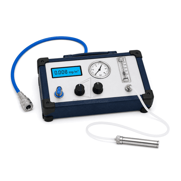 Compressed air oil content tester horizontal complete-kit view with the full blue inlet hose, PTFE sample line and stainless tube holder