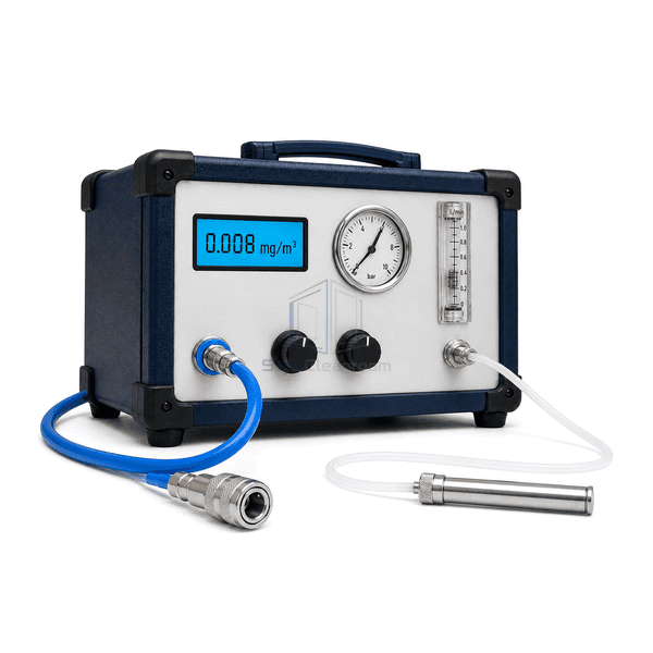 Compressed air oil content tester sampling-interface view showing the blue-ring inlet, silver outlet, regulator, needle valve and removable tube holder