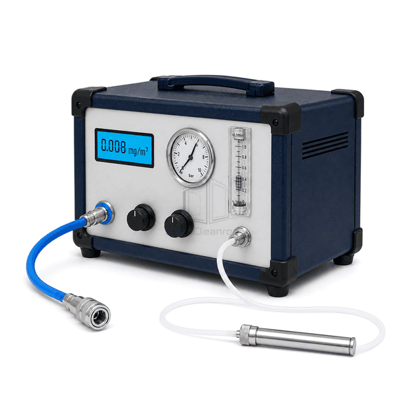 Compressed air oil content tester side-panel view showing case depth, fold-flat handle, four rubber feet and separate sampling connections