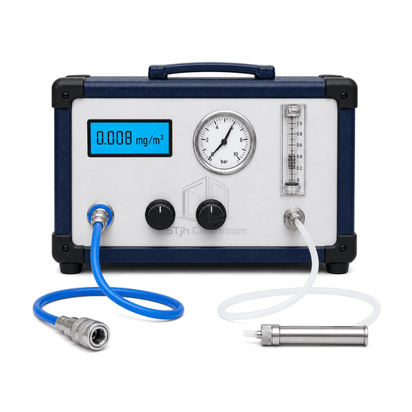 Compressed air oil content tester front-control view showing one display, one pressure gauge, one vertical flowmeter and two control knobs