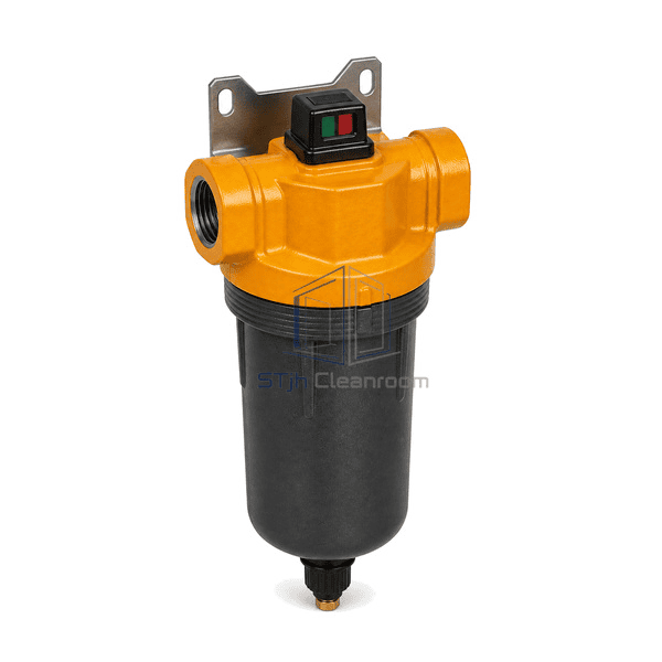 Complete compressed air oil removal filter elevated inline view emphasizing the left-to-right port axis and vertical coalescing bowl