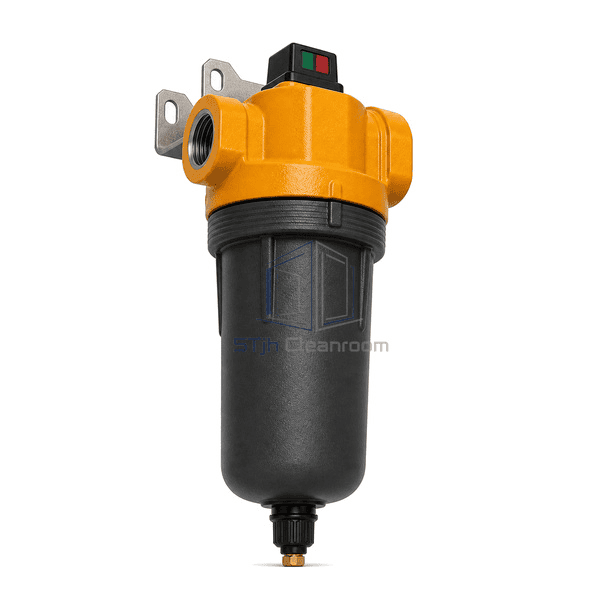 Complete compressed air oil removal filter low oblique view emphasizing the threaded bowl joint, locking alignment and automatic float drain