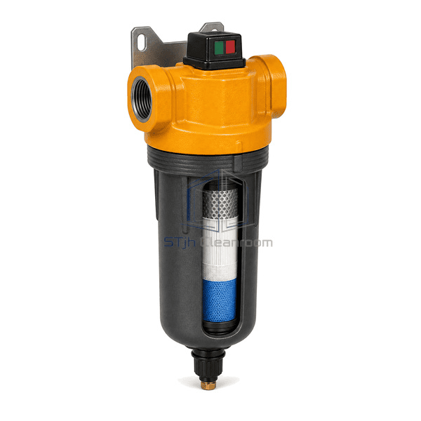 Compressed air oil removal filter side cutaway showing one deep-pleated graded nanofibre element and its outer drainage layer