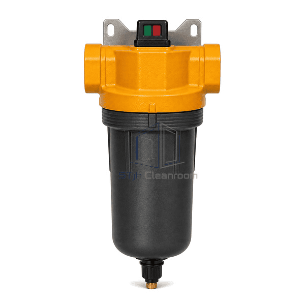 Compressed air oil removal filter straight front view showing two opposed line ports, one pressure-drop indicator and one bottom drain
