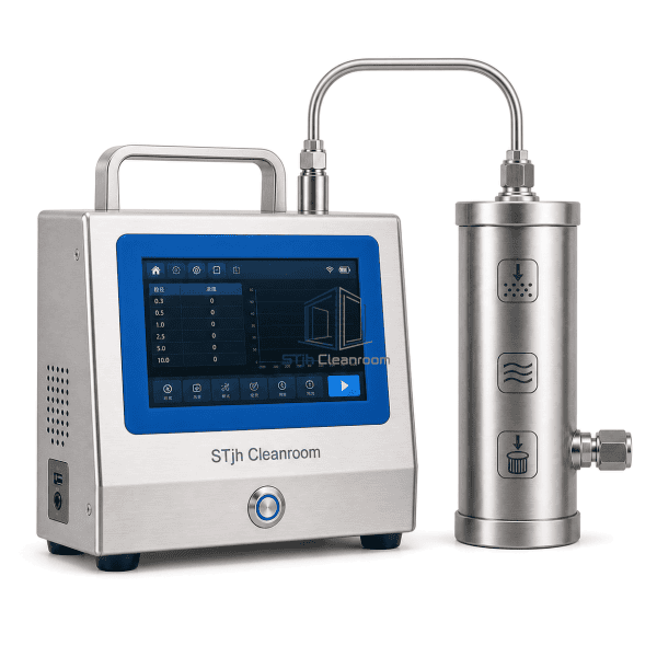 Compressed air particle counter side view showing gas flow path