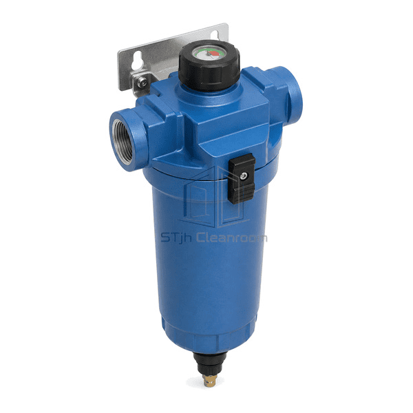 Complete inline compressed air precision filter in a horizontal-axis presentation emphasizing the left and right threaded air connections