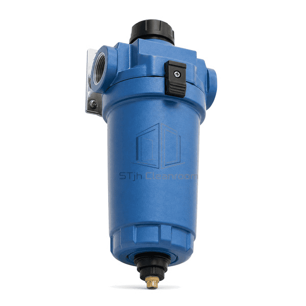 Complete compressed air precision filter low oblique view emphasizing the threaded head-to-bowl safety slide and automatic condensate drain