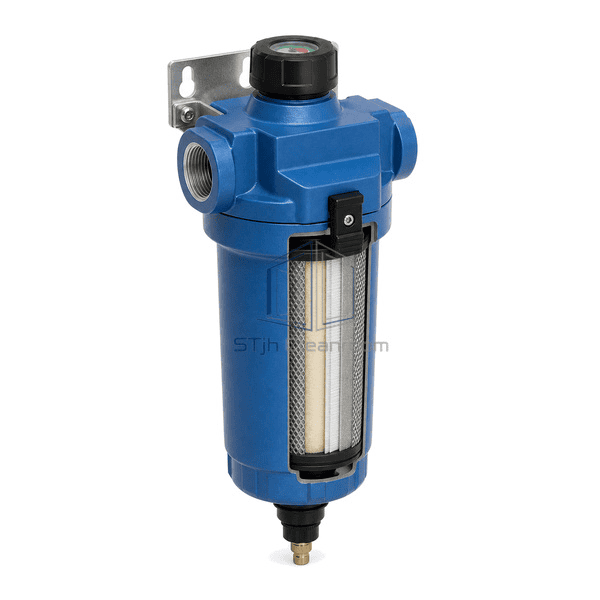 Compressed air precision filter side cutaway showing the borosilicate media, stainless support sleeves, drainage layer and sealed aluminum bowl