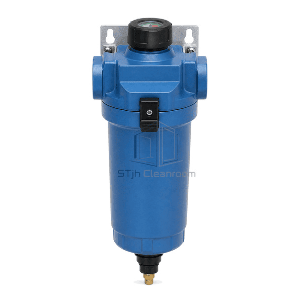 Compressed air precision filter straight front view showing one vertical bowl, two coaxial ports, top pressure-drop indicator and bottom float drain