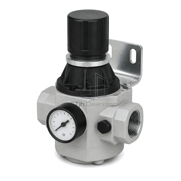 Complete compressed air pressure regulator elevated far-side view emphasizing the coaxial G 3/4 BSPP flow path and rear angle bracket