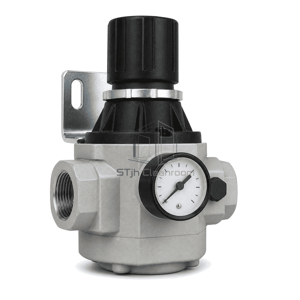 Complete compressed air pressure regulator low front-left view emphasizing the gauge port, metal knob lock ring and integrated relieving vent