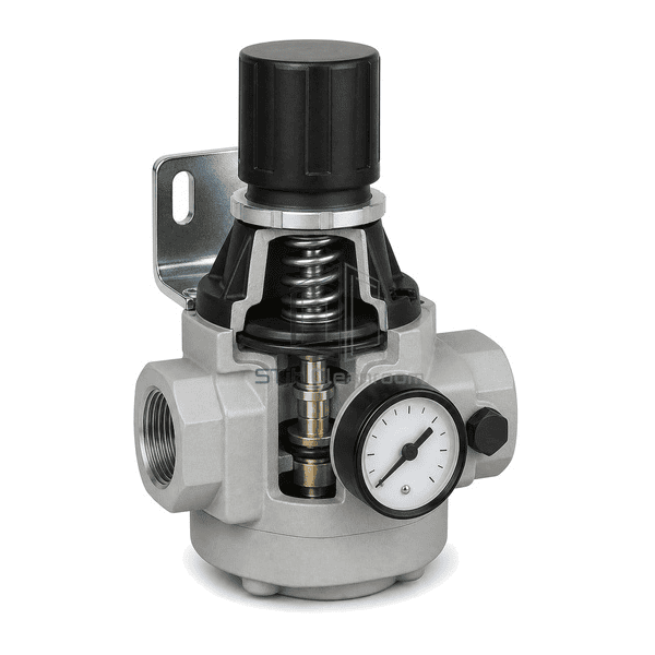 Compressed air pressure regulator side cutaway showing the rolling diaphragm, control spring and single balanced poppet inside the same body