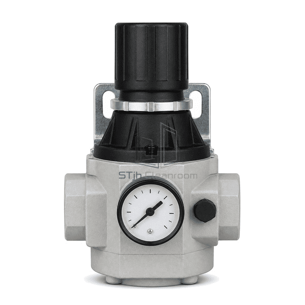 Compressed air pressure regulator straight front view showing the centered adjustment knob, one outlet gauge and balanced inline port shoulders